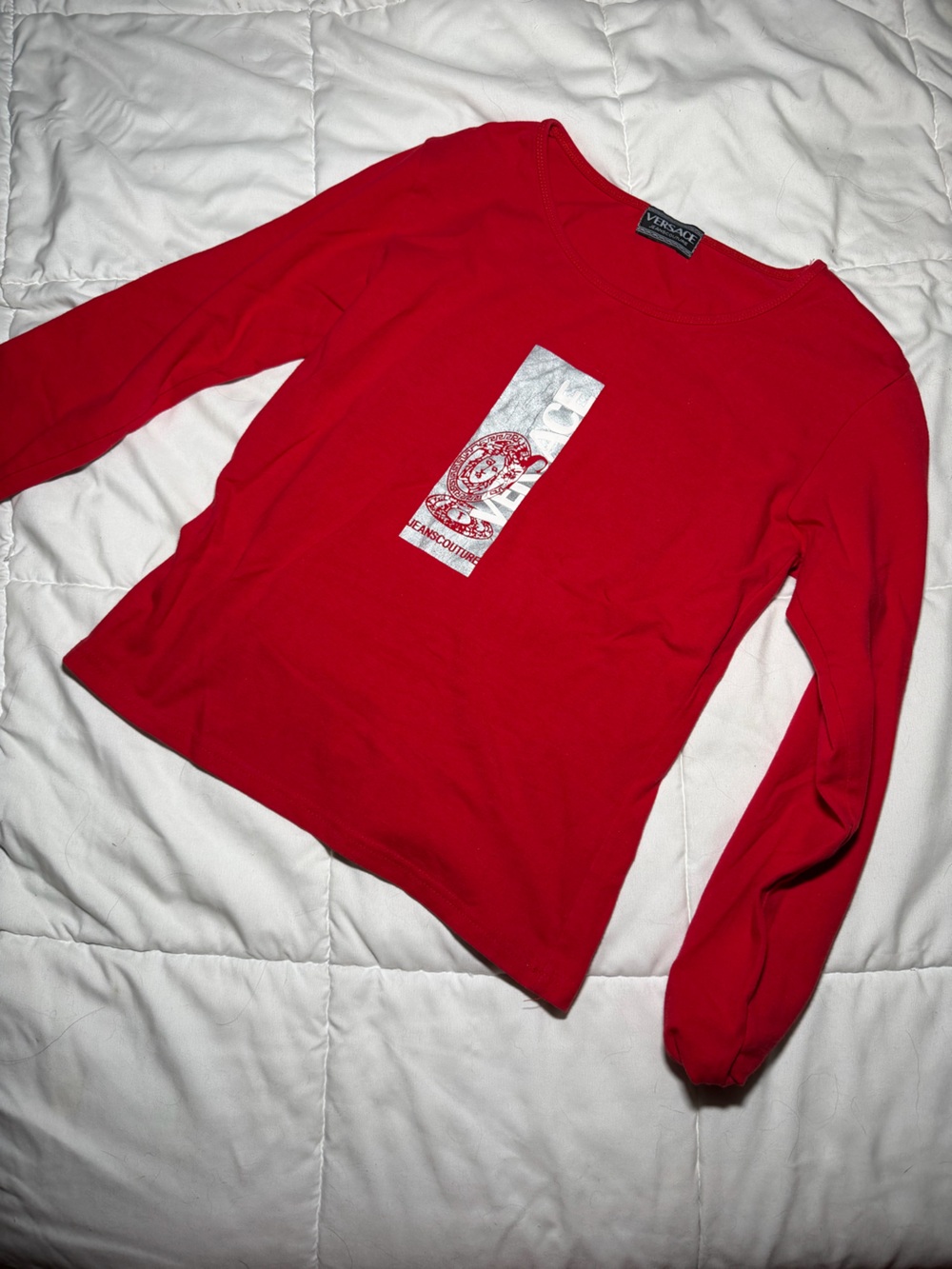 Versace Red Slim Long-Sleeve Tee with Center Graphic